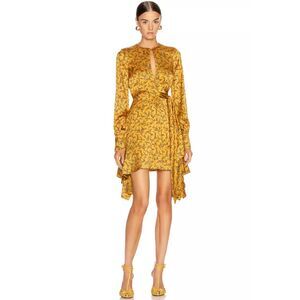 Jonathan Simkhai Hammered Silk Keyhole Tie Front Ruffle Dress Sz 8 Yellow Floral